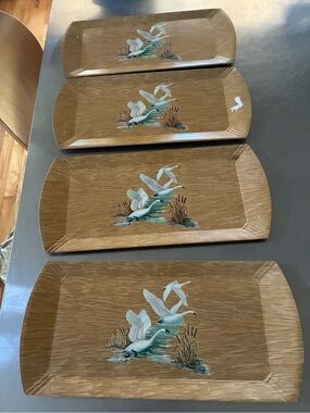 Coronet GEESE Trays SET /4 PLUS ONE FREE Flower Tray Retro 70s Wood Veneer Tray